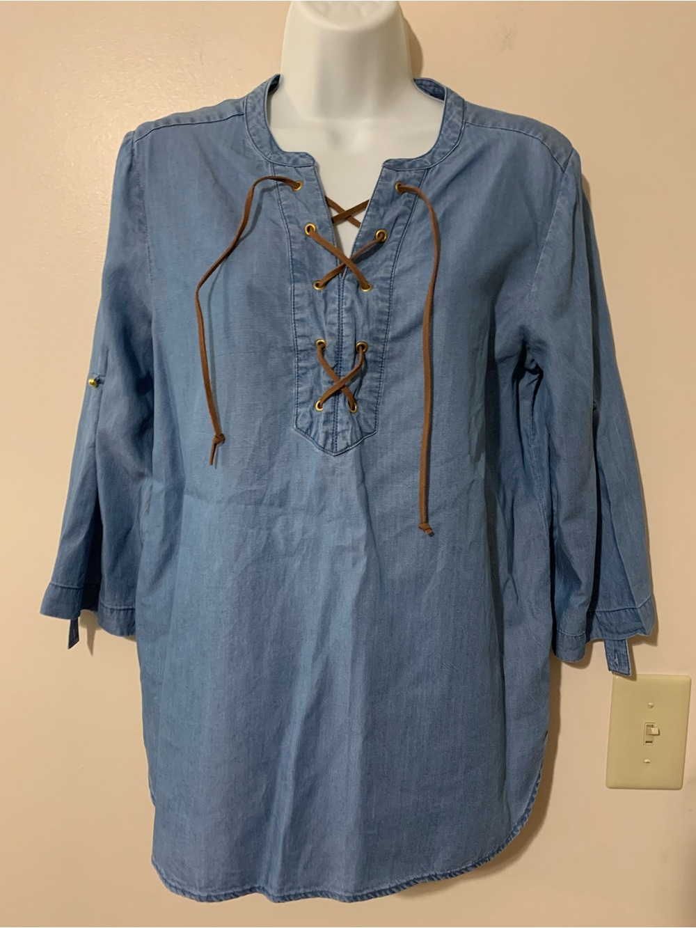Ruby Rd. Chambray Lace-Up Tunic with Brown Ties